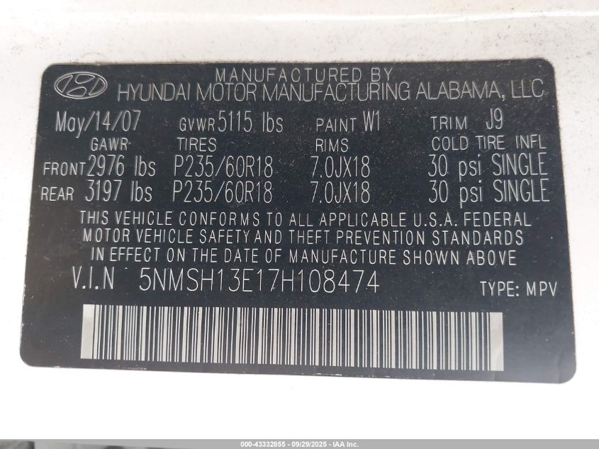 2007 Hyundai Santa Fe Limited/Se VIN: 5NMSH13E17H108474 Lot: 43332855