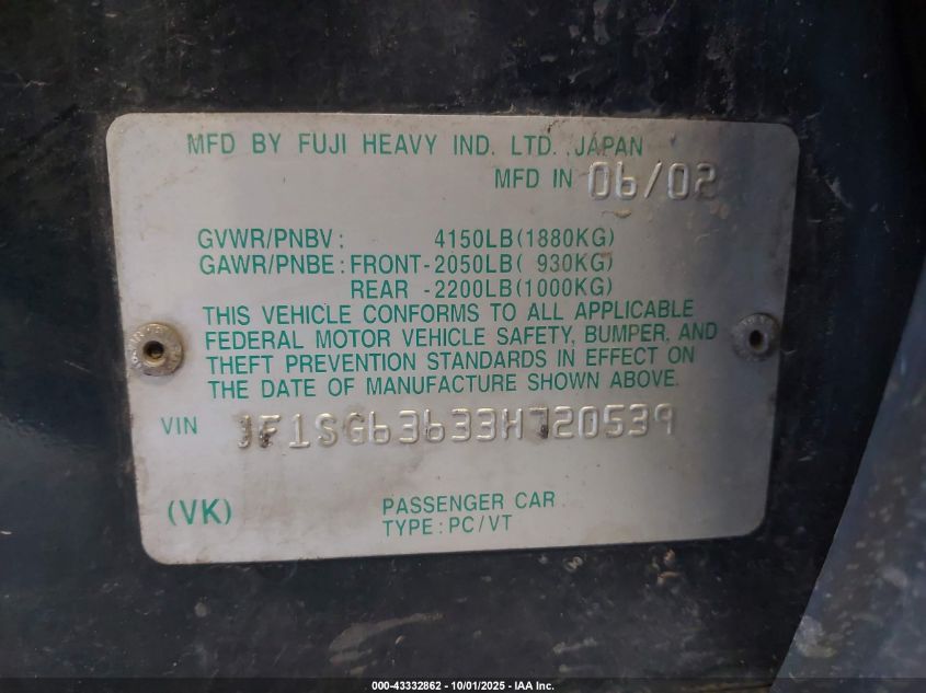 2003 Subaru Forester X VIN: JF1SG63633H720539 Lot: 43332862