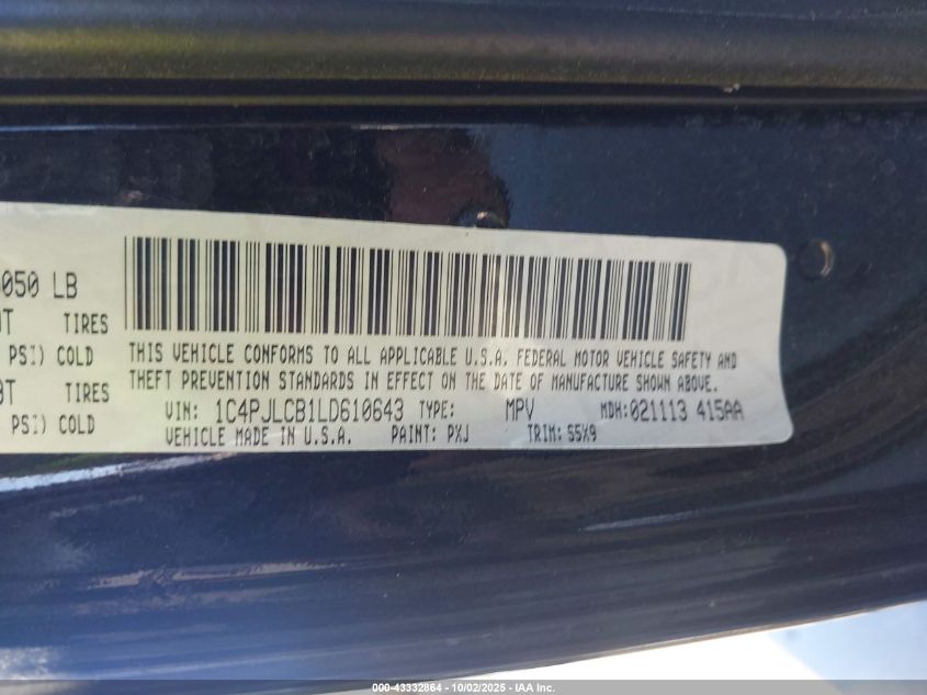 2020 Jeep Cherokee Latitude Fwd VIN: 1C4PJLCB1LD610643 Lot: 43332864