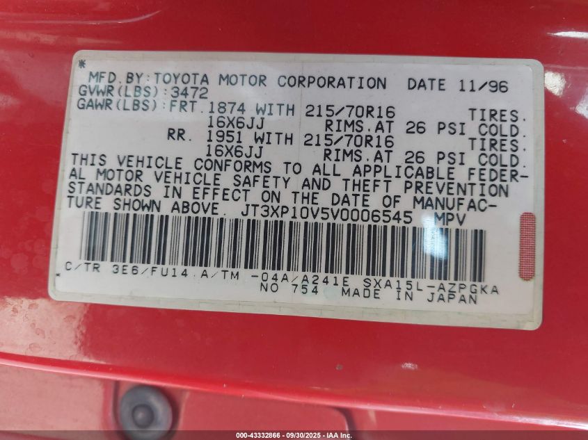 1997 Toyota Rav4 VIN: JT3XP10V5V0006545 Lot: 43332866