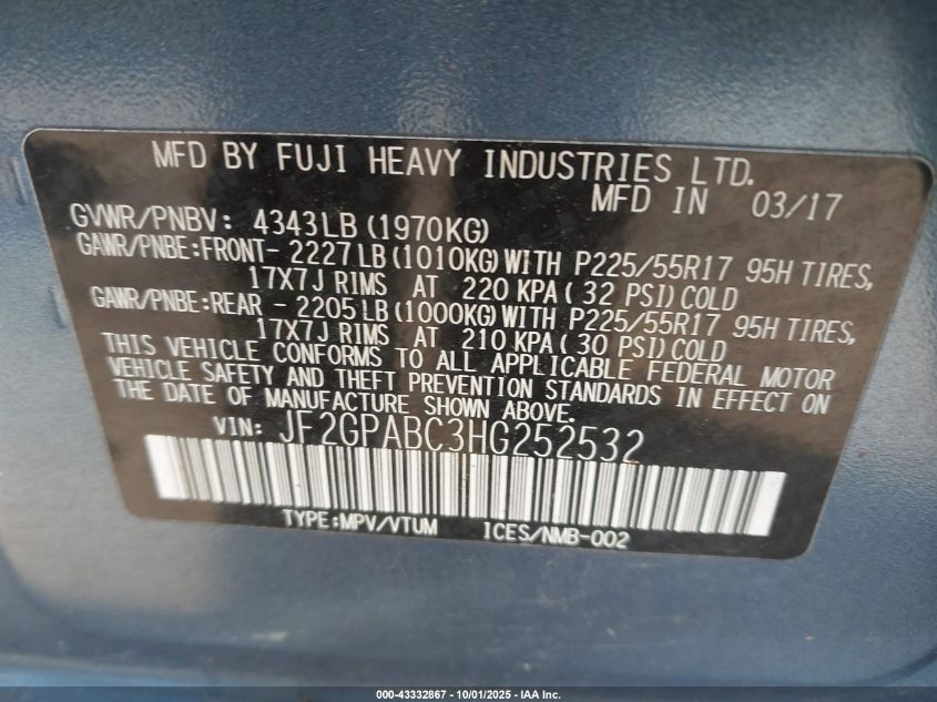 2017 Subaru Crosstrek 2.0I Premium VIN: JF2GPABC3HG252532 Lot: 43332867