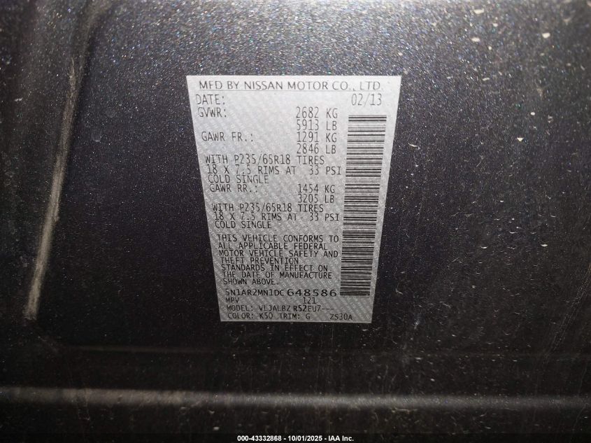 2013 Nissan Pathfinder S VIN: 5N1AR2MN1DC648586 Lot: 43332868