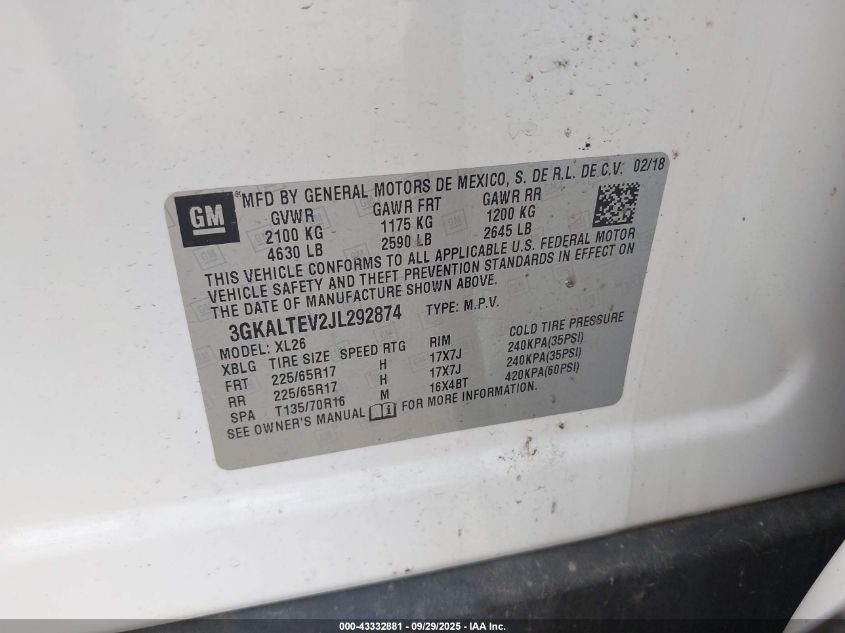 2018 GMC Terrain Sle VIN: 3GKALTEV2JL292874 Lot: 43332881