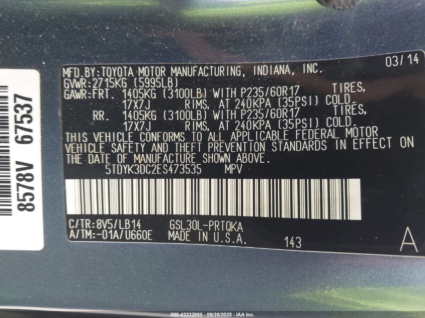 2014 Toyota Sienna Xle V6 8 Passenger VIN: 5TDYK3DC2ES473535 Lot: 43332880