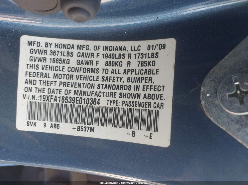 2009 Honda Civic Lx VIN: 19XFA16539E010364 Lot: 43332883
