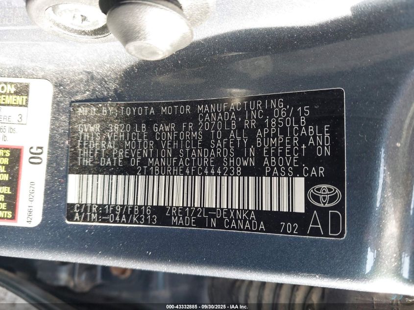 2015 Toyota Corolla Le VIN: 2T1BURHE4FC444238 Lot: 43332885