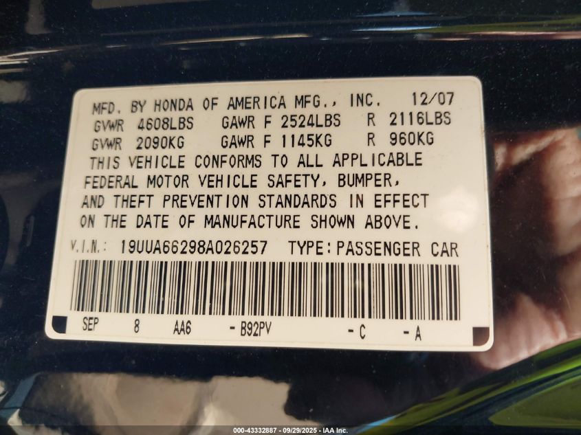 2008 Acura Tl 3.2 VIN: 19UUA66298A026257 Lot: 43332887