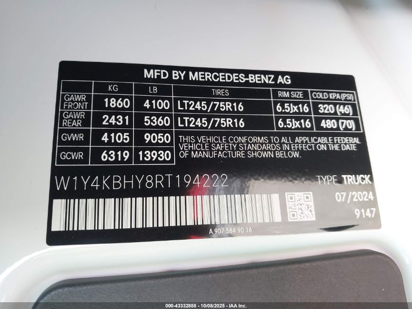 2024 Mercedes-Benz Sprinter 2500 Standard Roof 4-Cyl Diesel VIN: W1Y4KBHY8RT194222 Lot: 43332888