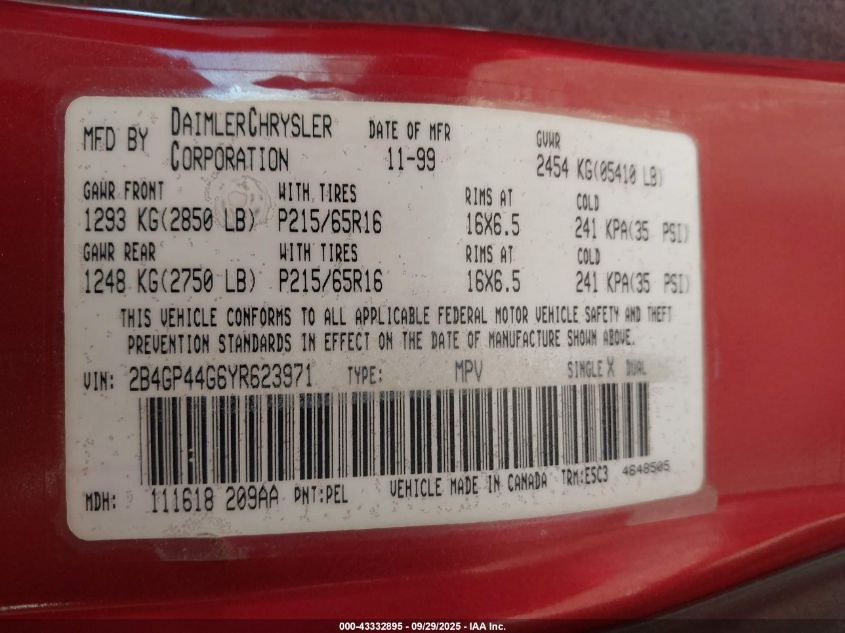 2000 Dodge Grand Caravan Se VIN: 2B4GP44G6YR623971 Lot: 43332895