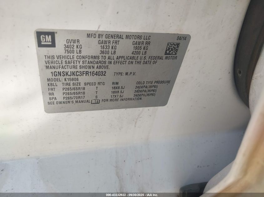 2015 Chevrolet Suburban 1500 Lt VIN: 1GNSKJKC3FR164032 Lot: 43332922