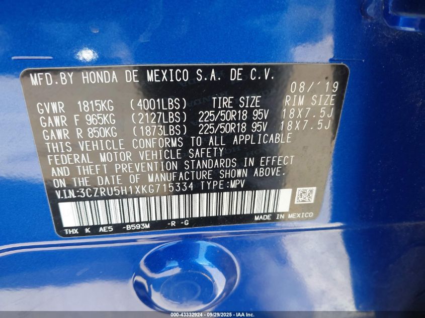 2019 Honda Hr-V Sport VIN: 3CZRU5H1XKG715334 Lot: 43332924