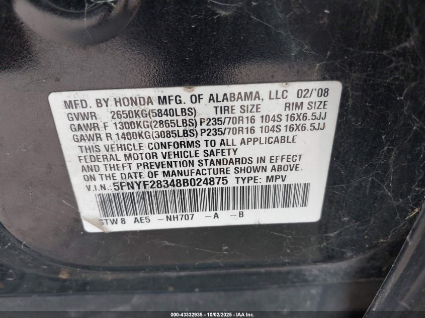 2008 Honda Pilot Se VIN: 5FNYF28348B024875 Lot: 43332935