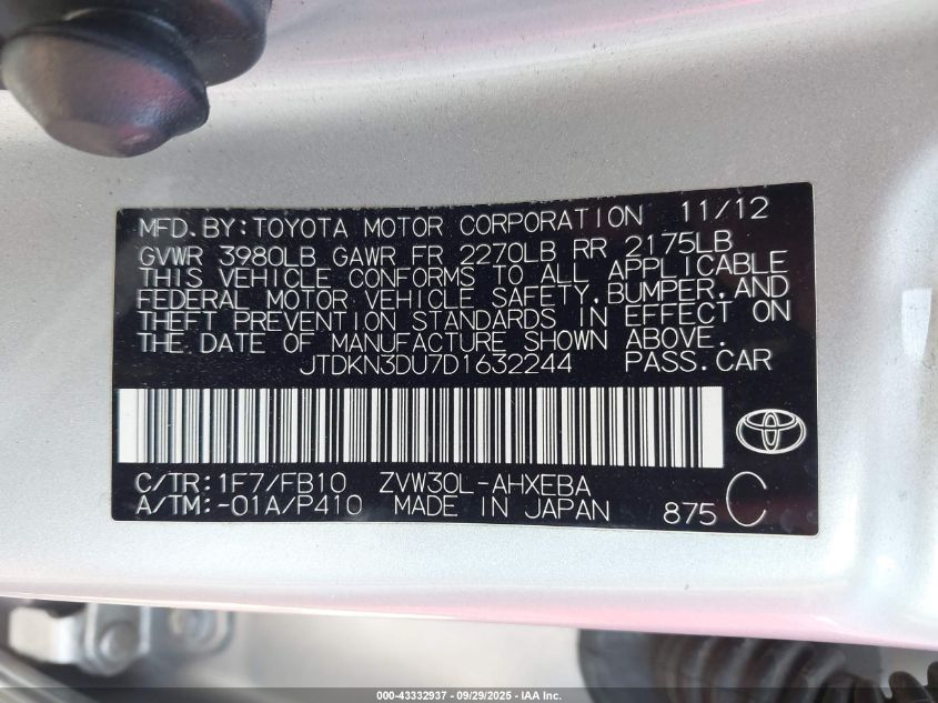 2013 Toyota Prius Three VIN: JTDKN3DU7D1632244 Lot: 43332937