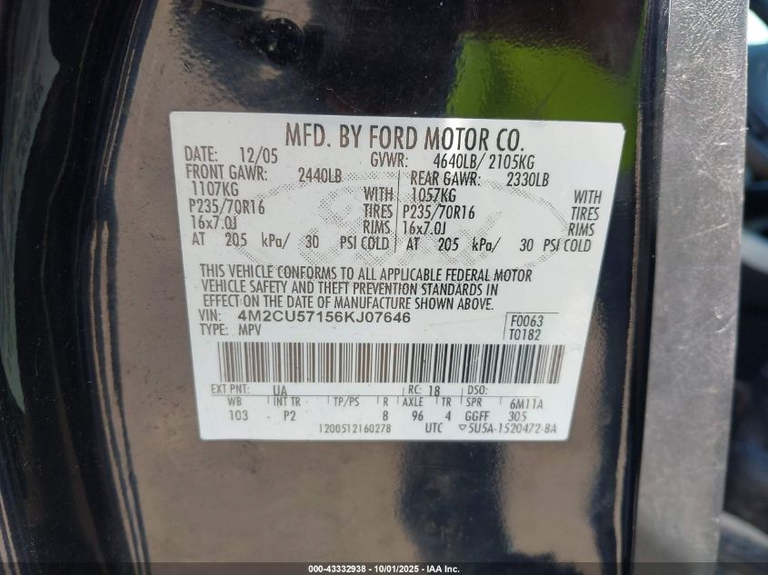 2006 Mercury Mariner Luxury/Premier VIN: 4M2CU57156KJ07646 Lot: 43332938