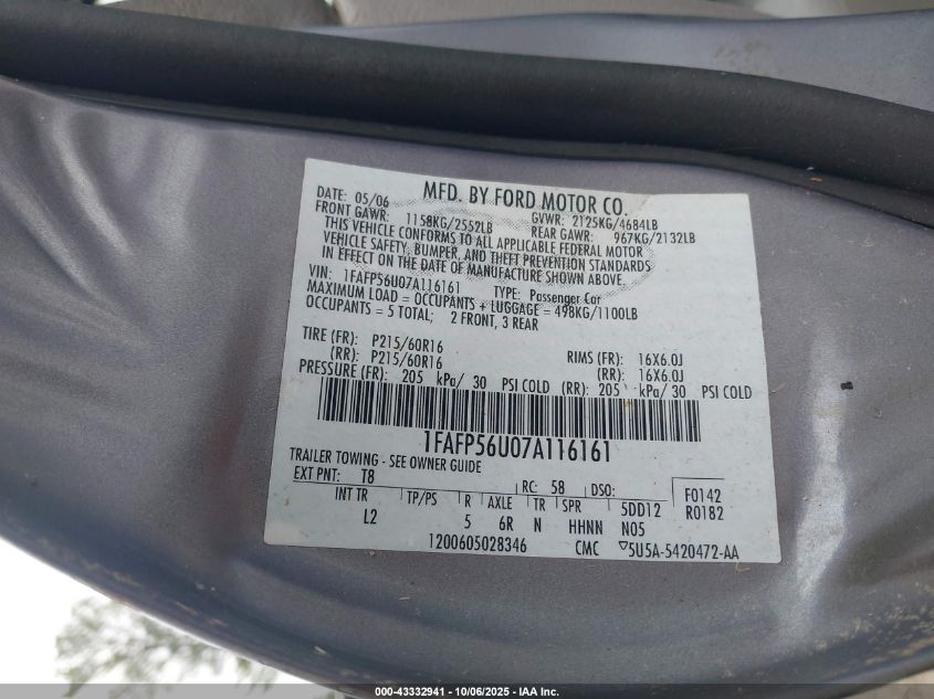 2007 Ford Taurus Sel VIN: 1FAFP56U07A116161 Lot: 43332941