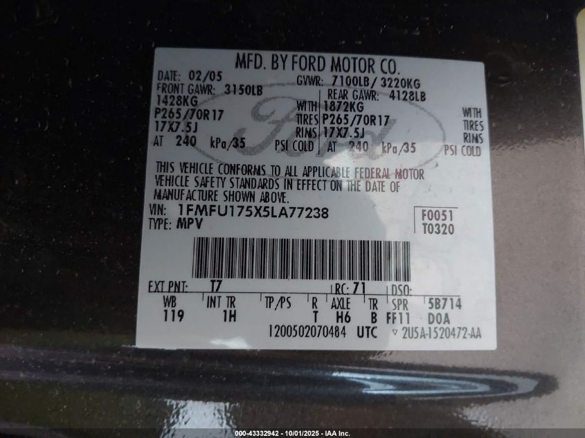 2005 Ford Expedition Eddie Bauer/King Ranch VIN: 1FMFU175X5LA77238 Lot: 43332942