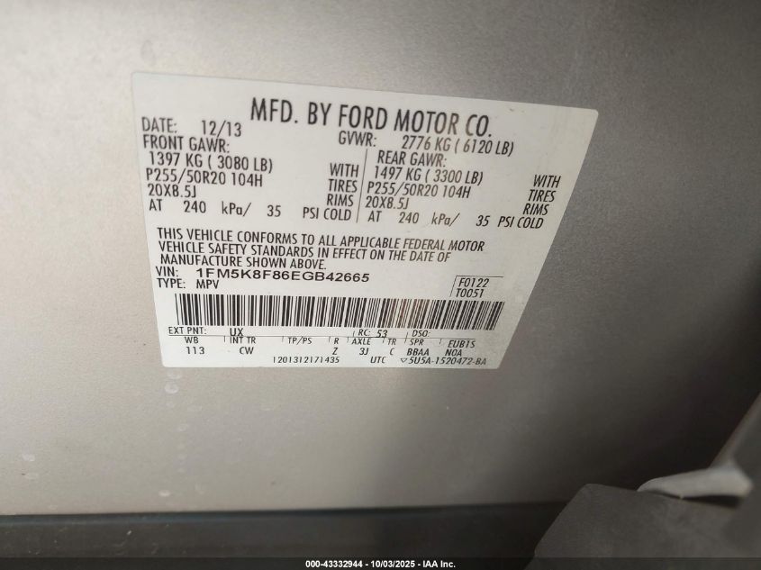 2014 Ford Explorer Limited VIN: 1FM5K8F86EGB42665 Lot: 43332944