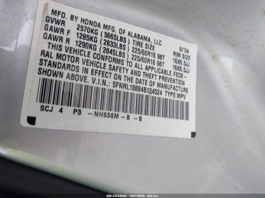 2004 Honda Odyssey Ex VIN: 5FNRL18884B124524 Lot: 43332945