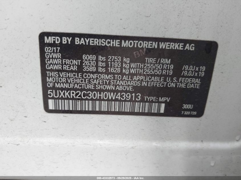2017 BMW X5 Sdrive35I VIN: 5UXKR2C30H0W43913 Lot: 43332973