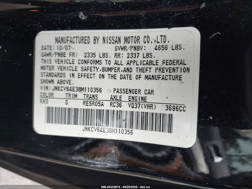 2008 Infiniti G37 Journey VIN: JNKCV64E38M110356 Lot: 43332974