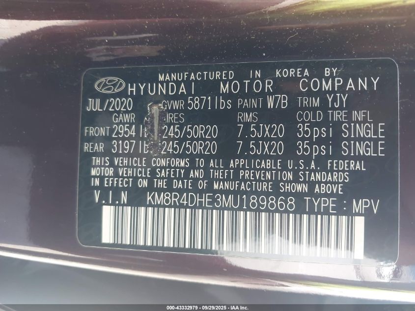 2021 Hyundai Palisade Sel VIN: KM8R4DHE3MU189868 Lot: 43332979