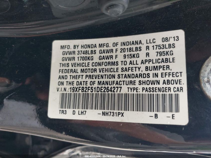 2013 Honda Civic Lx VIN: 19XFB2F51DE264277 Lot: 43332986