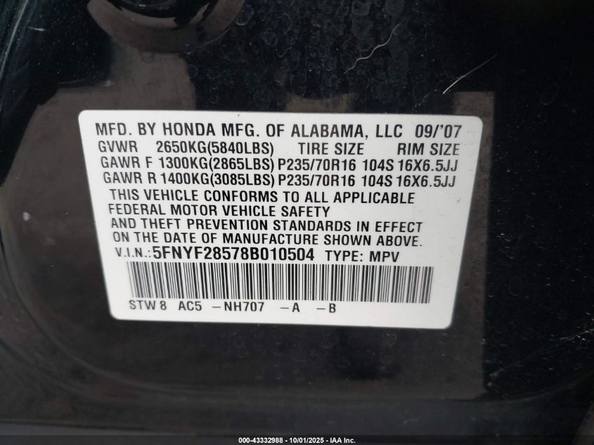 2008 Honda Pilot Ex-L VIN: 5FNYF28578B010504 Lot: 43332988