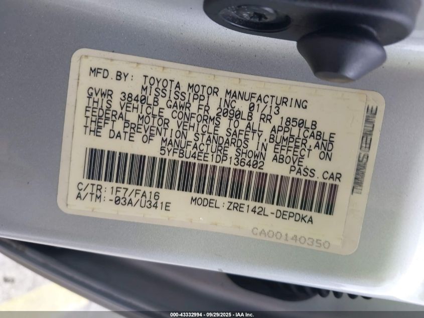 2013 Toyota Corolla L VIN: 5YFBU4EE1DP136402 Lot: 43332994