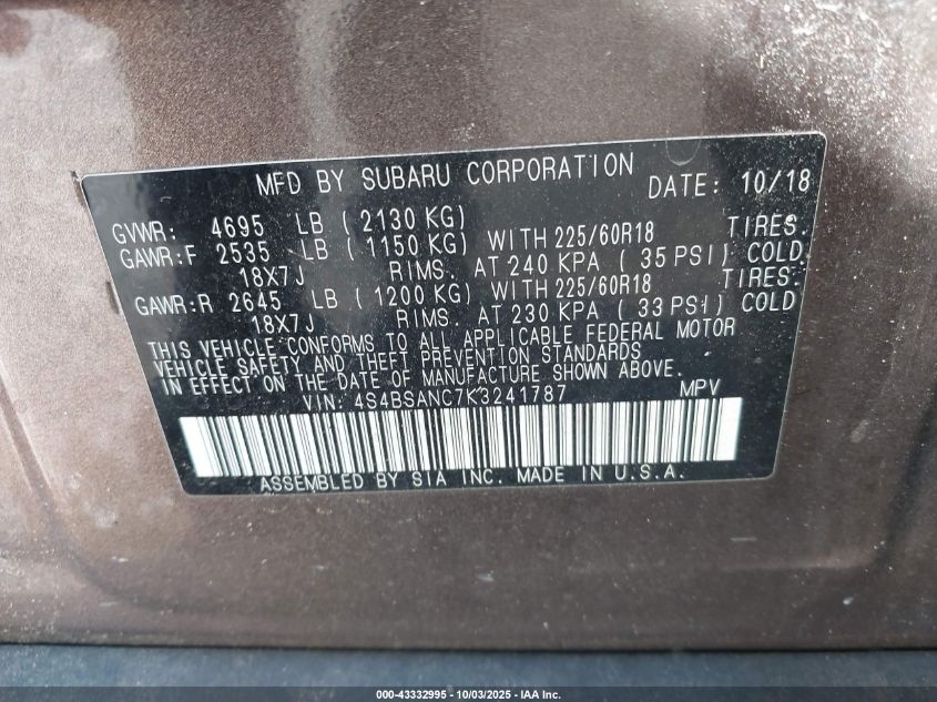 2019 Subaru Outback 2.5I Limited VIN: 4S4BSANC7K3241787 Lot: 43332995