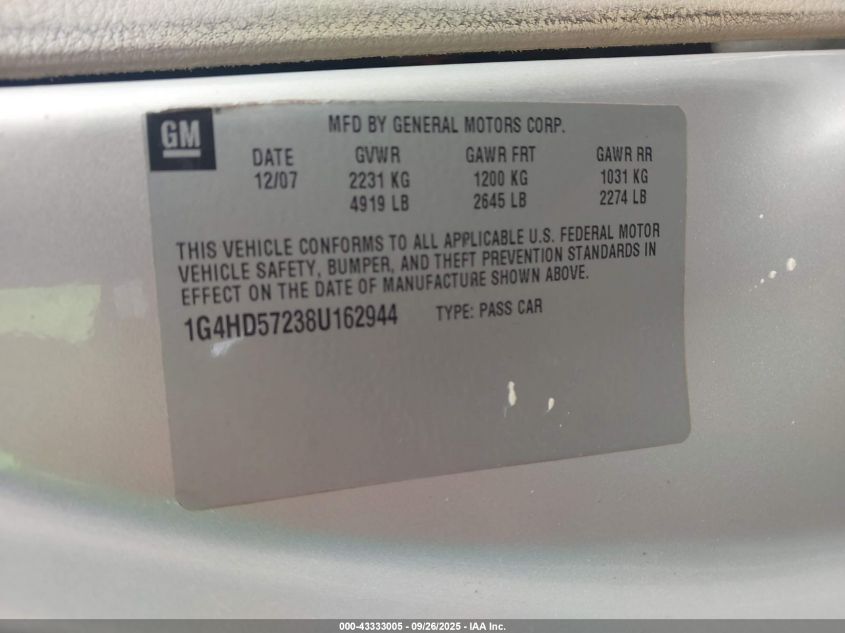 2008 Buick Lucerne Cxl VIN: 1G4HD57238U162944 Lot: 43333005
