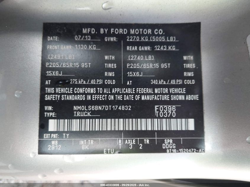 2013 Ford Transit Connect Xlt VIN: NM0LS6BN7DT174832 Lot: 43333006