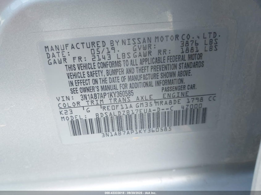 2019 Nissan Sentra Sv VIN: 3N1AB7AP1KY360585 Lot: 43333018