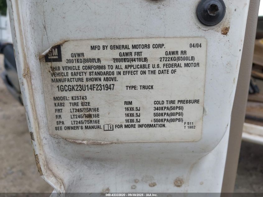 2004 Chevrolet Silverado 2500 Ls VIN: 1GCGK23U14F231947 Lot: 43333020