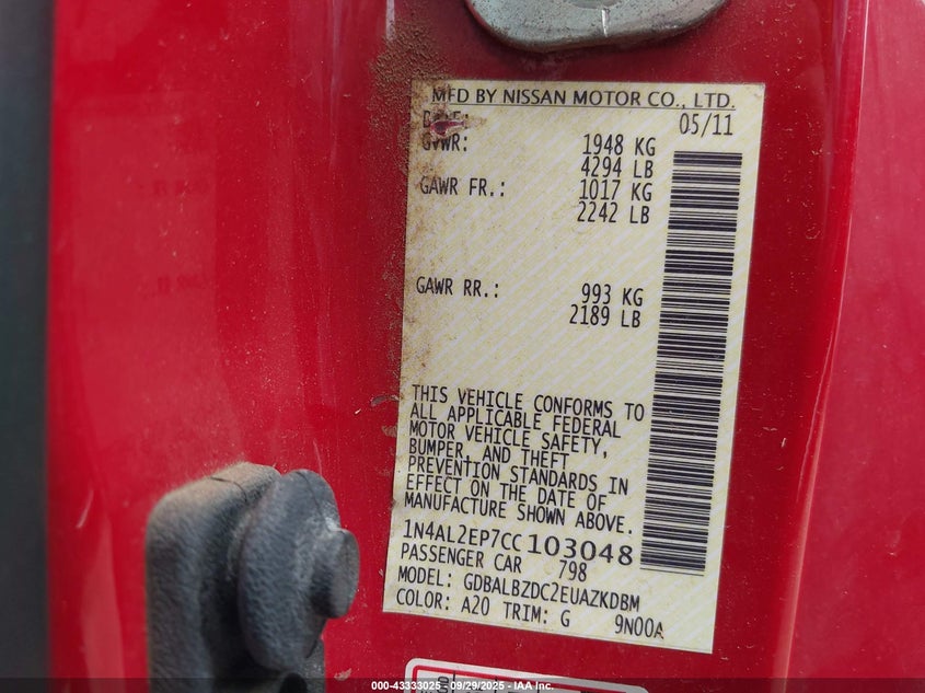 2012 Nissan Altima 2.5 S VIN: 1N4AL2EP7CC103048 Lot: 43333025