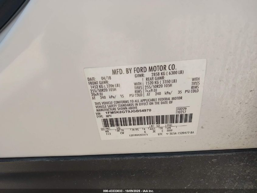 2018 Ford Explorer Sport VIN: 1FM5K8GT9JGB54970 Lot: 43333033