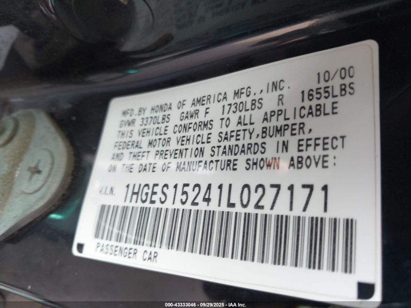 2001 Honda Civic Dx VIN: 1HGES15241L027171 Lot: 43333046