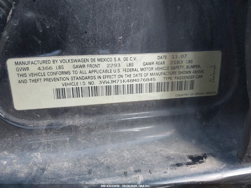 2008 Volkswagen Jetta S VIN: 3VWJM71K48M076845 Lot: 43333058