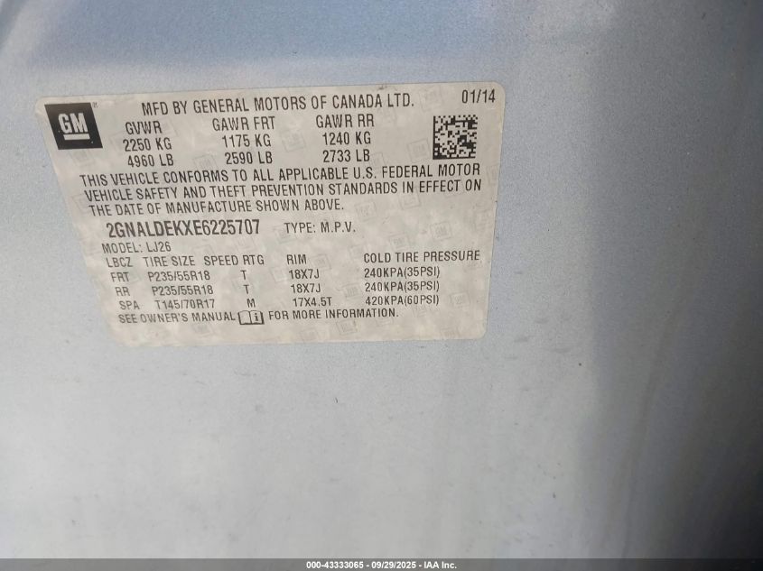 2014 Chevrolet Equinox Ltz VIN: 2GNALDEKXE6225707 Lot: 43333065