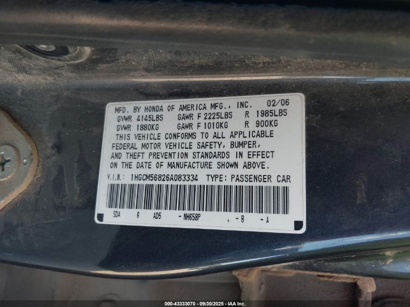 2006 Honda Accord 2.4 Ex VIN: 1HGCM56826A083334 Lot: 43333070