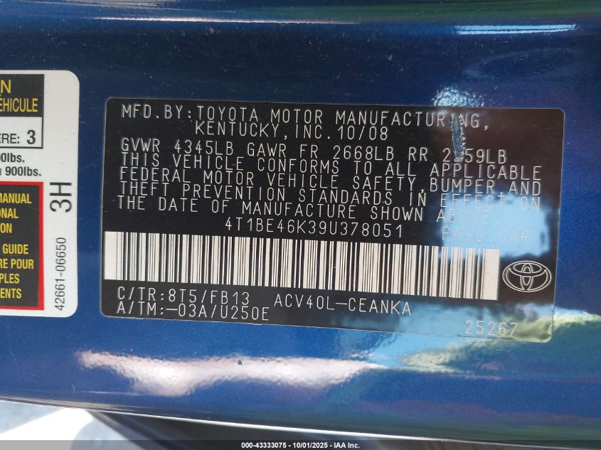 2009 Toyota Camry Le VIN: 4T1BE46K39U378051 Lot: 43333075