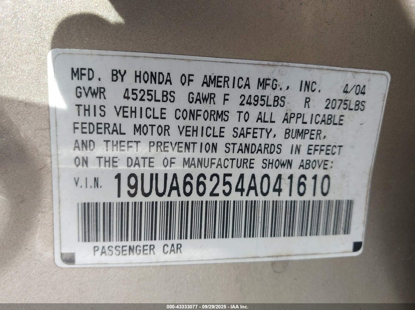 2004 Acura Tl VIN: 19UUA66254A041610 Lot: 43333077