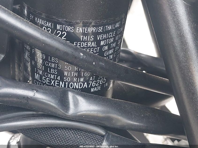 2022 Kawasaki Ex650 N VIN: ML5EXEN10NDA76265 Lot: 43333083