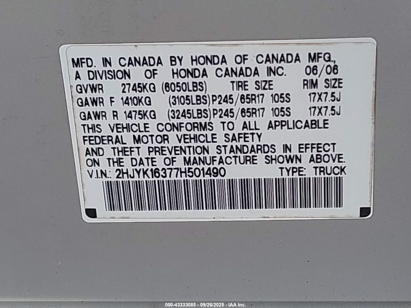 2007 Honda Ridgeline Rtx VIN: 2HJYK16377H501490 Lot: 43333085