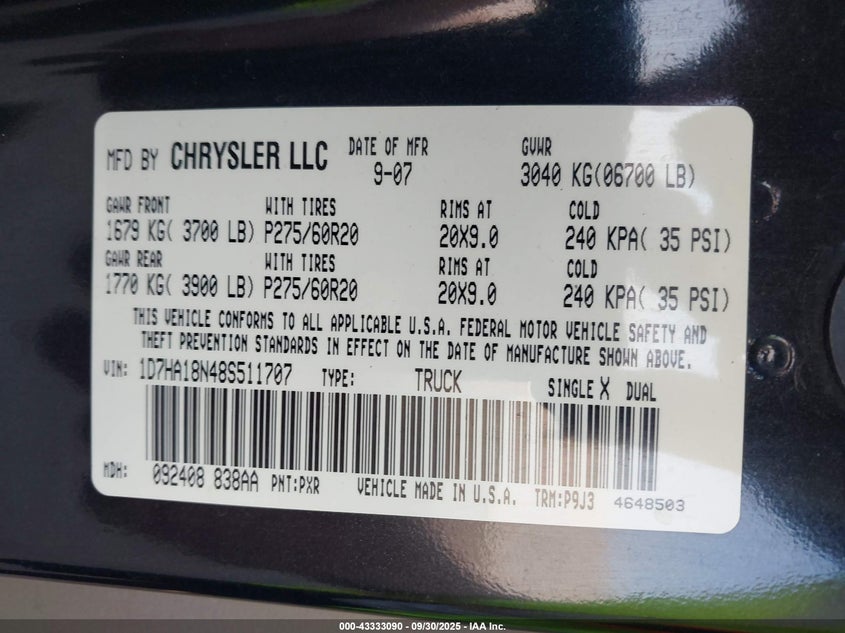 2008 Dodge Ram 1500 Slt VIN: 1D7HA18N48S511707 Lot: 43333090