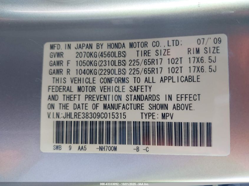 2009 Honda Cr-V Lx VIN: JHLRE38309C015315 Lot: 43333092