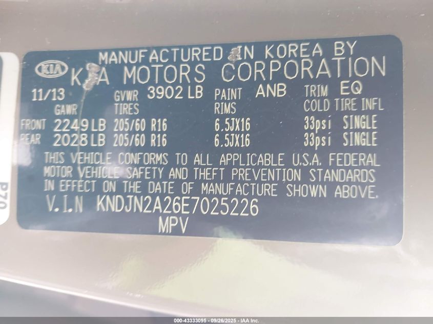 2014 Kia Soul VIN: KNDJN2A26E7025226 Lot: 43333095