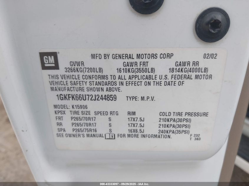 2002 GMC Yukon Xl 1500 Denali VIN: 1GKFK66U72J244859 Lot: 43333097