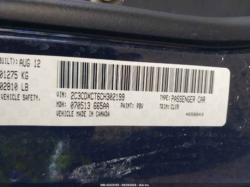 2012 Dodge Charger R/T VIN: 2C3CDXCT6CH302199 Lot: 43333103