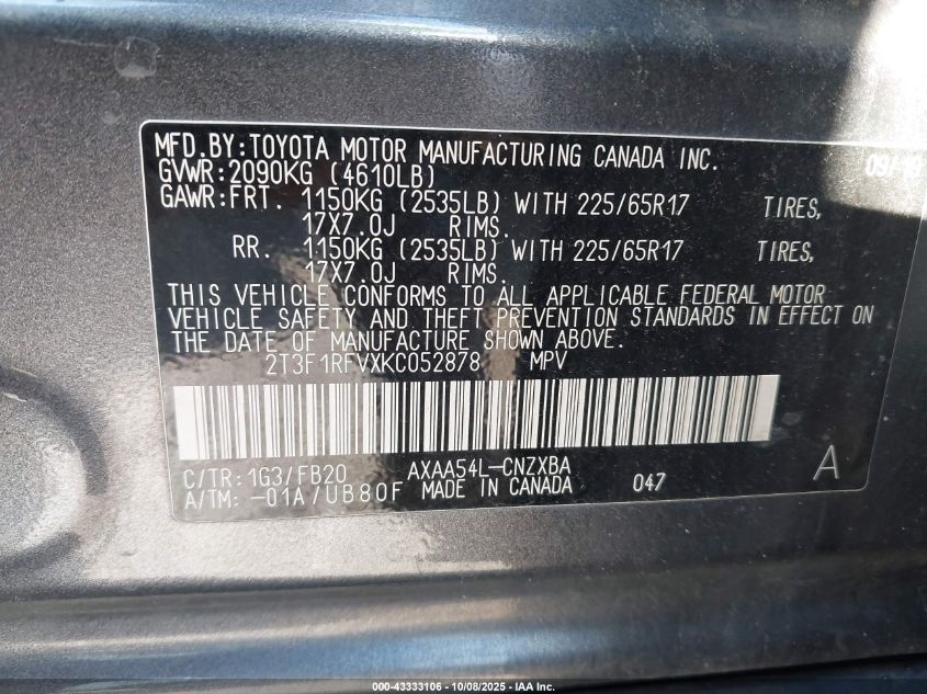 2019 Toyota Rav4 Le VIN: 2T3F1RFVXKC052878 Lot: 43333106