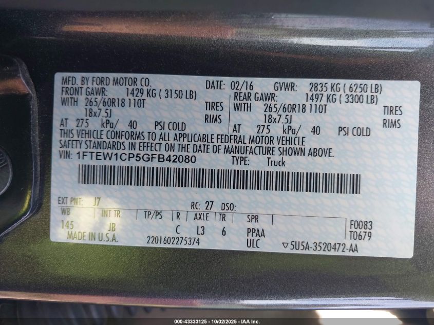 2016 Ford F-150 Xlt VIN: 1FTEW1CP5GFB42080 Lot: 43333125